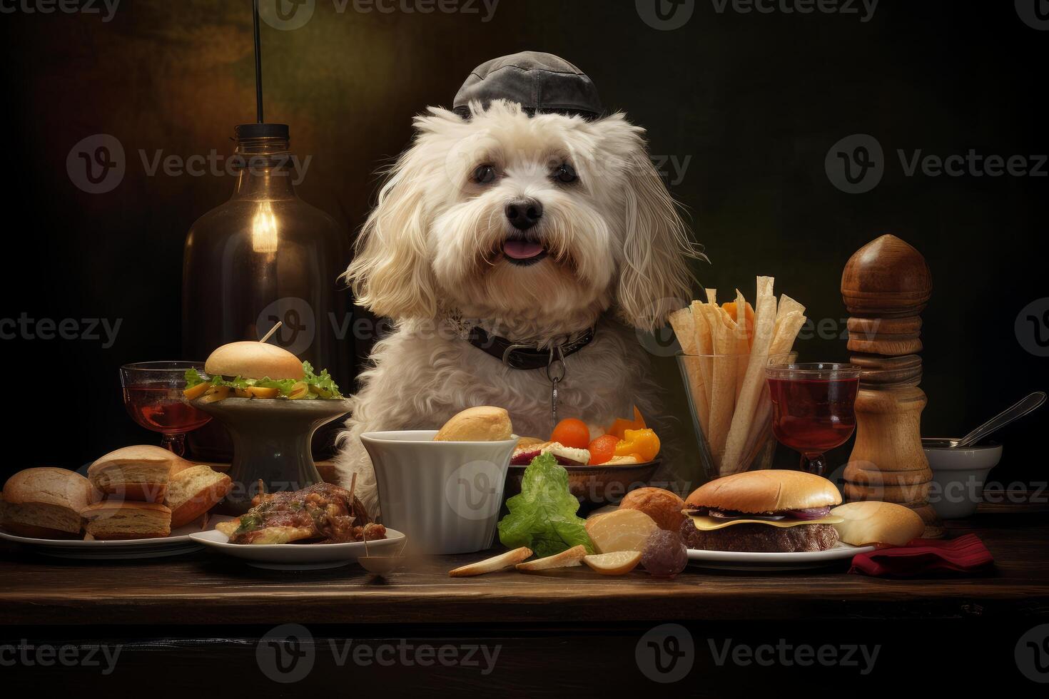 Adorable dog enjoying a lavish feast at a rustic wooden table photo