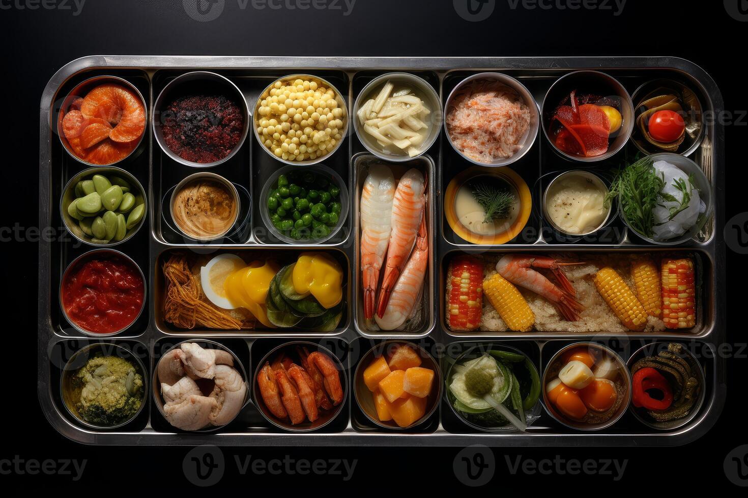 Metal tv dinner tray holding various colorful food items photo