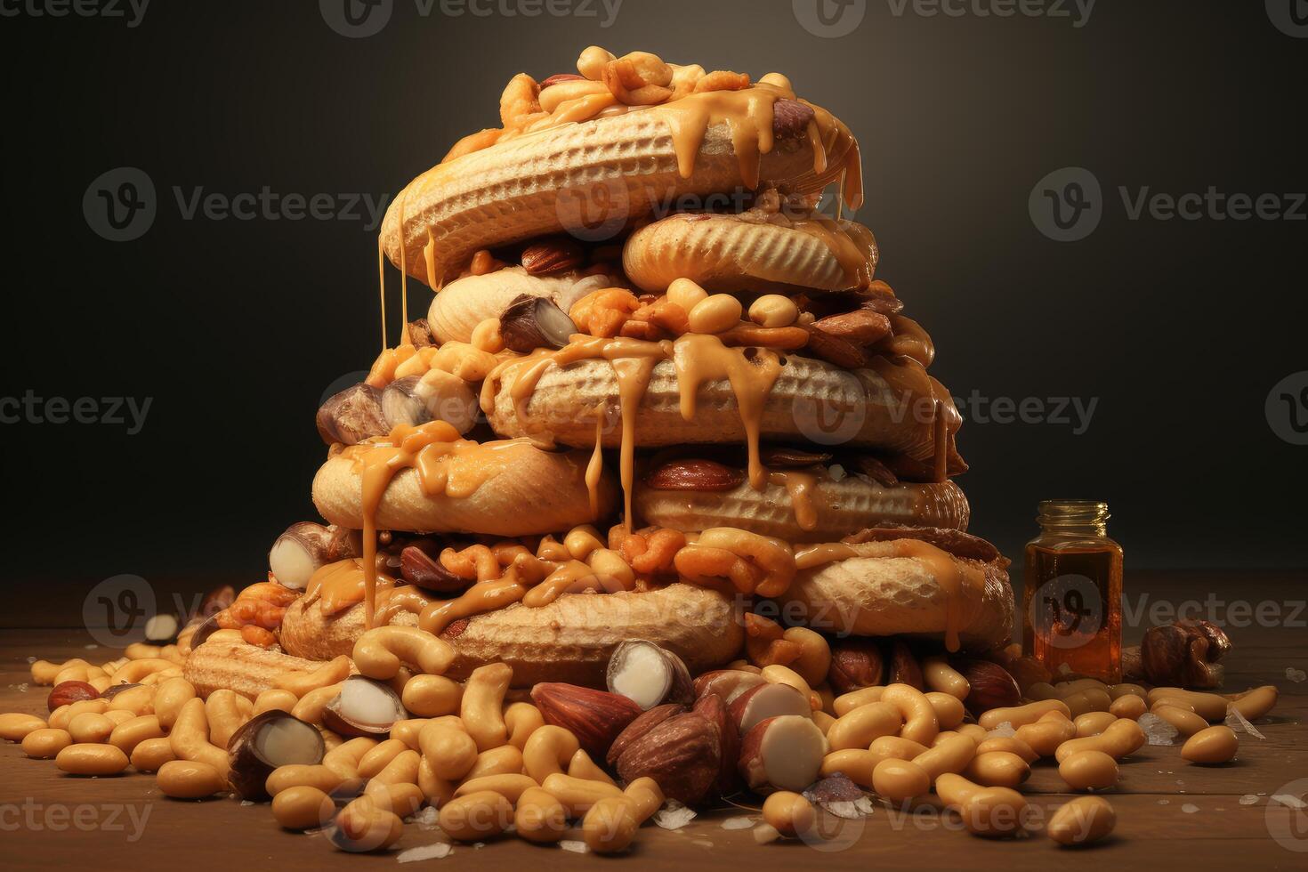Peanut butter dripping over a stack of peanut cookies and nuts photo