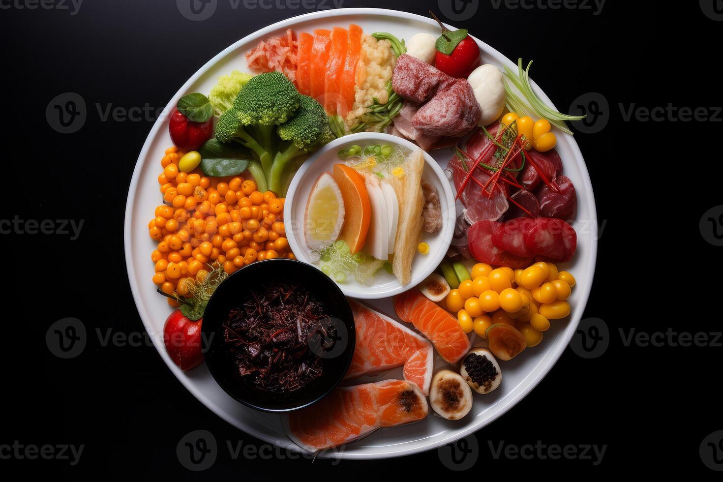 Colorful and diverse food displaying culinary delights on round plate photo