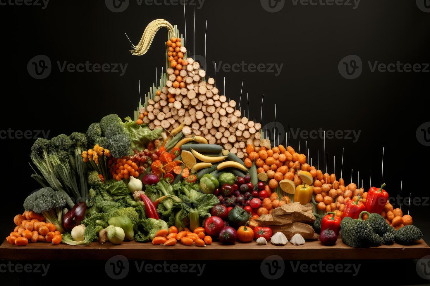 Large pile of fresh fruits and vegetables forming a mountain range with spikes photo