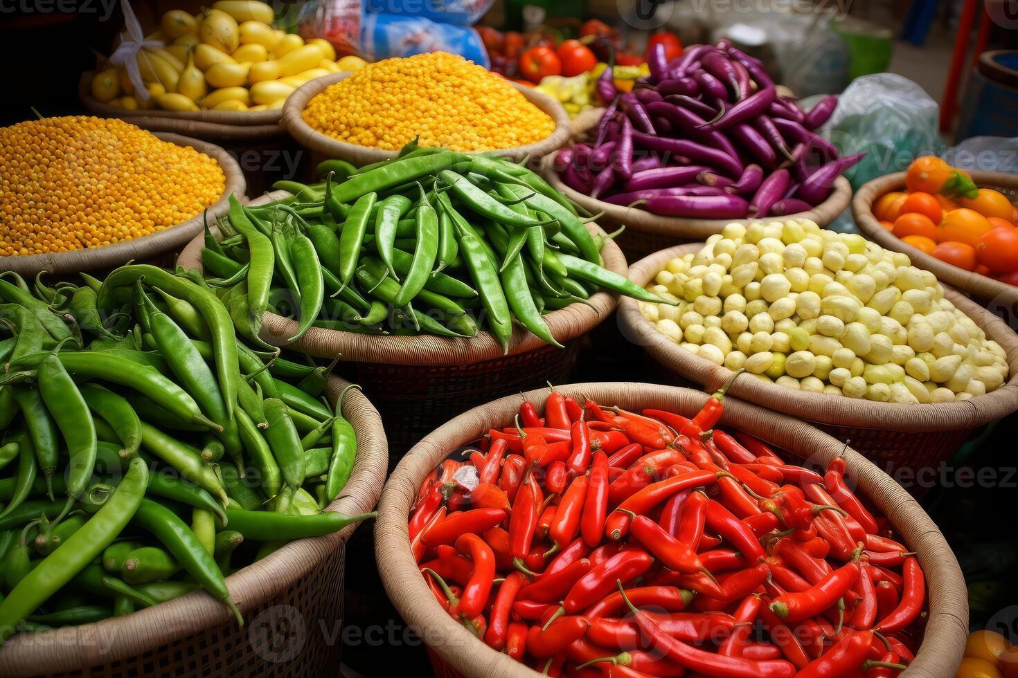 Baskets overflowing with vibrant and fresh produce at a market photo