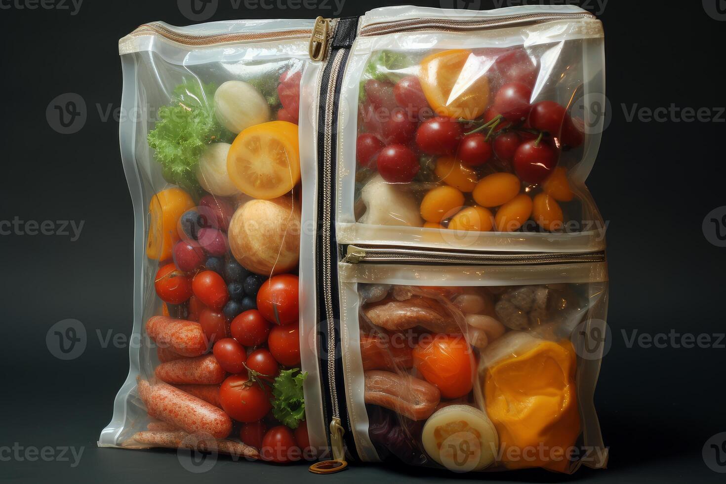Vacuum sealed bag full of different kind of food, ready to freeze or cook photo