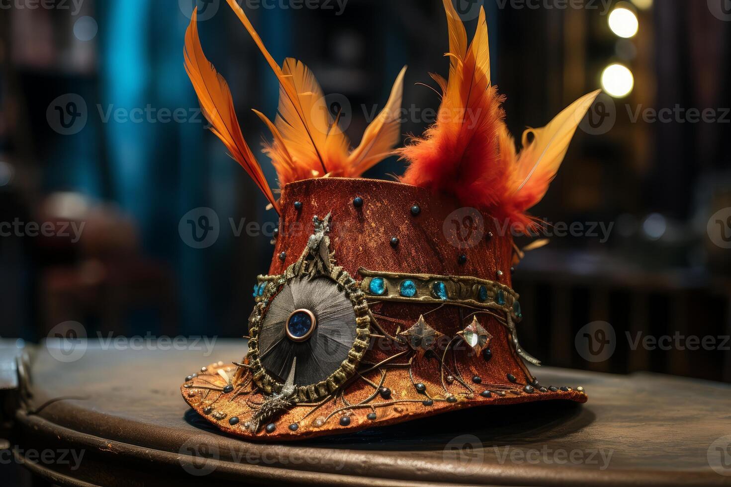 Steampunk top hat with orange feathers and jewels resting on wooden surface photo