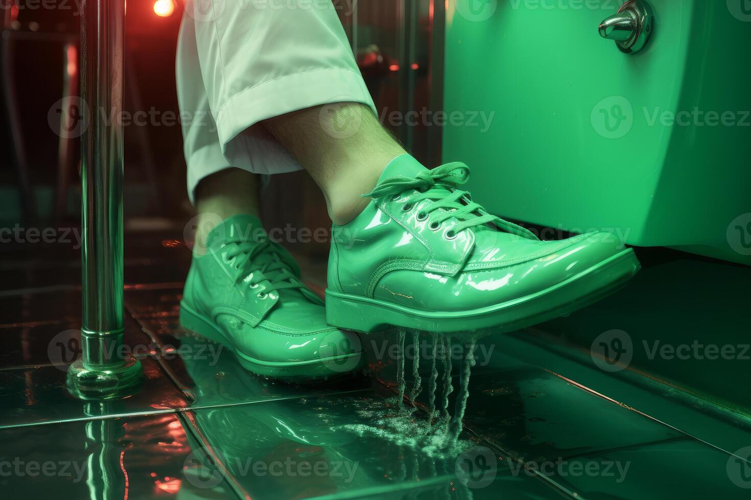 Close up of shiny dripping green shoes in a matching bathroom photo