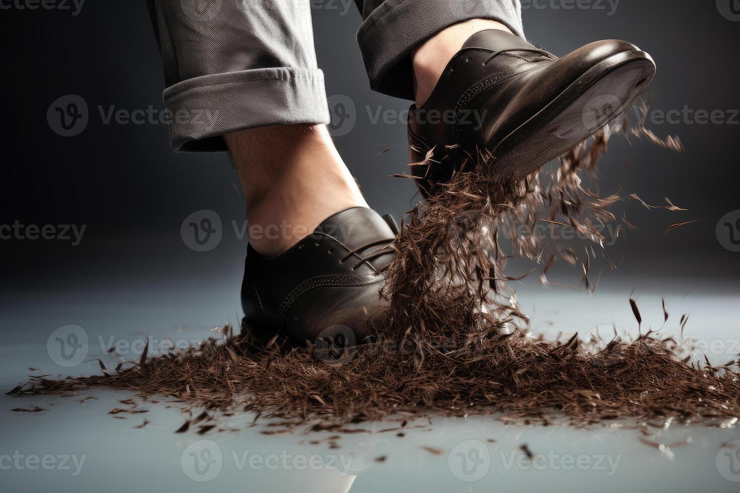 Businessman kicking and spreading shredded tobacco or dry tea leaves photo