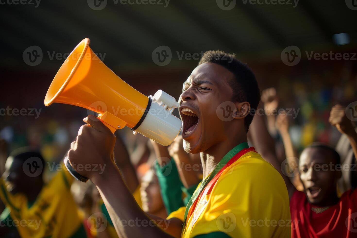 Football fan supporting team using megaphone in stadium photo