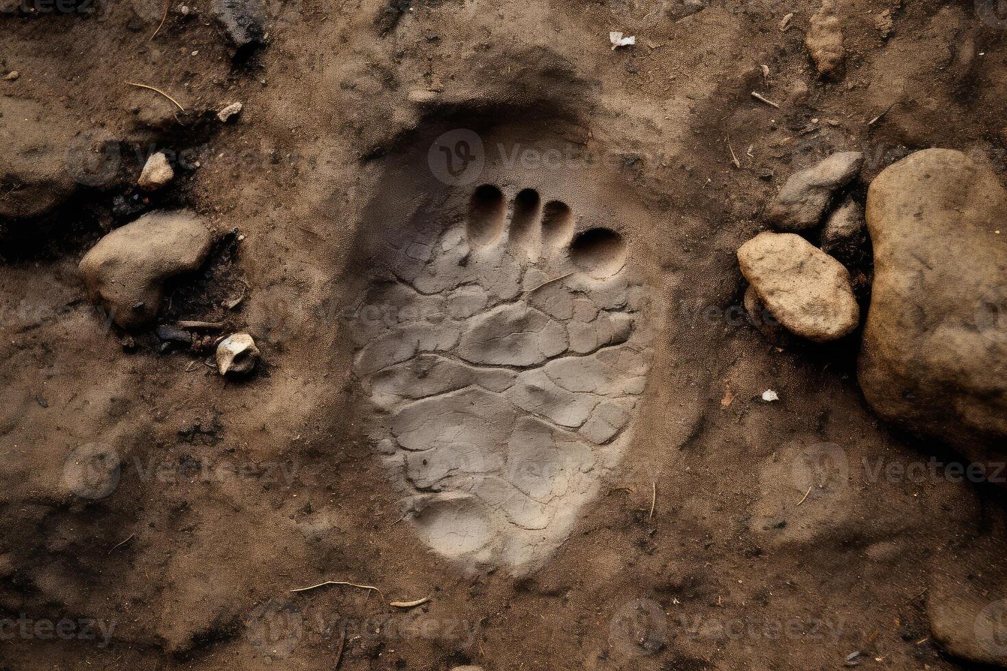 Large animal footprint imprinted in drying mud with stones and bones photo