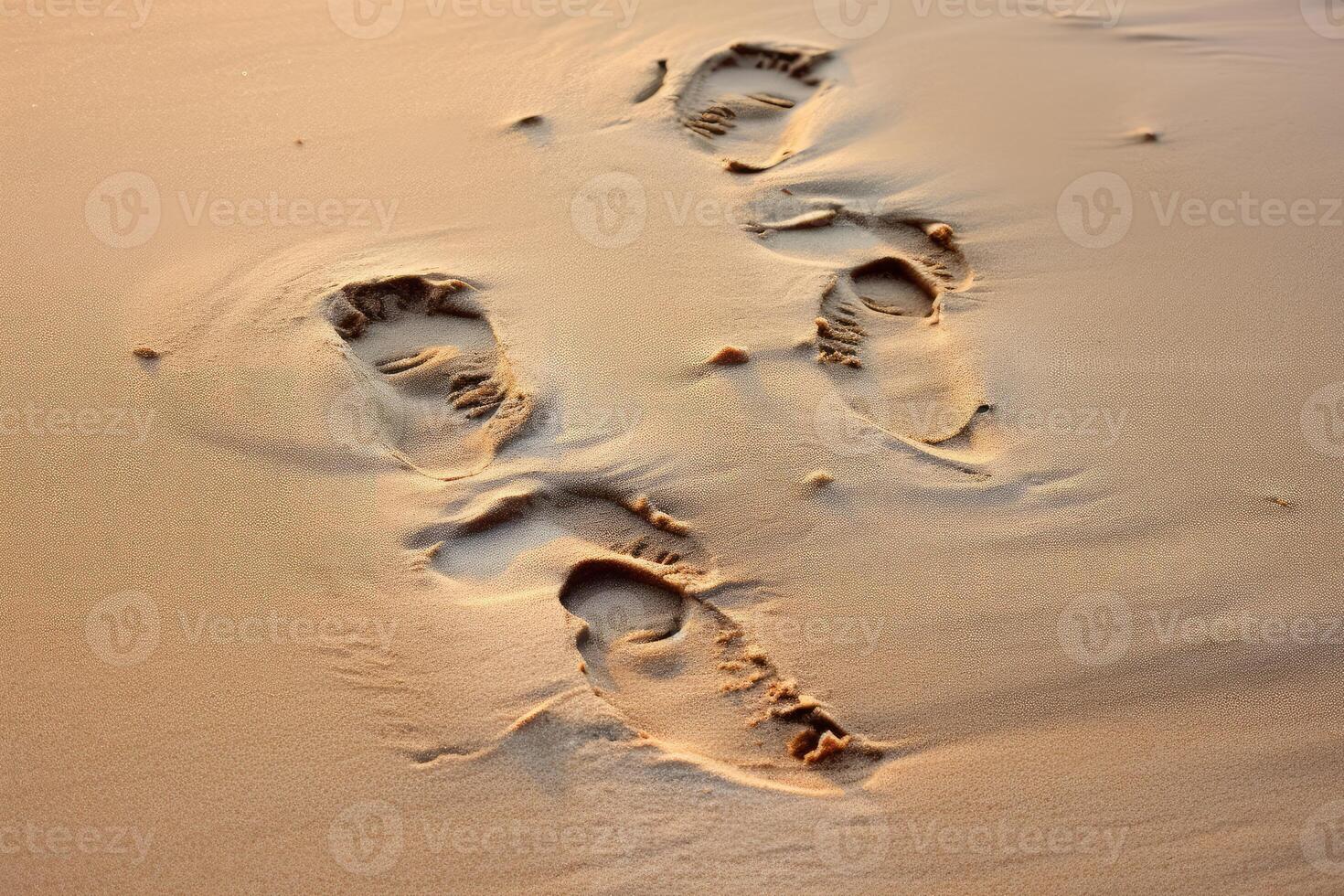 Footprints creating a path on golden sand beach at sunset photo