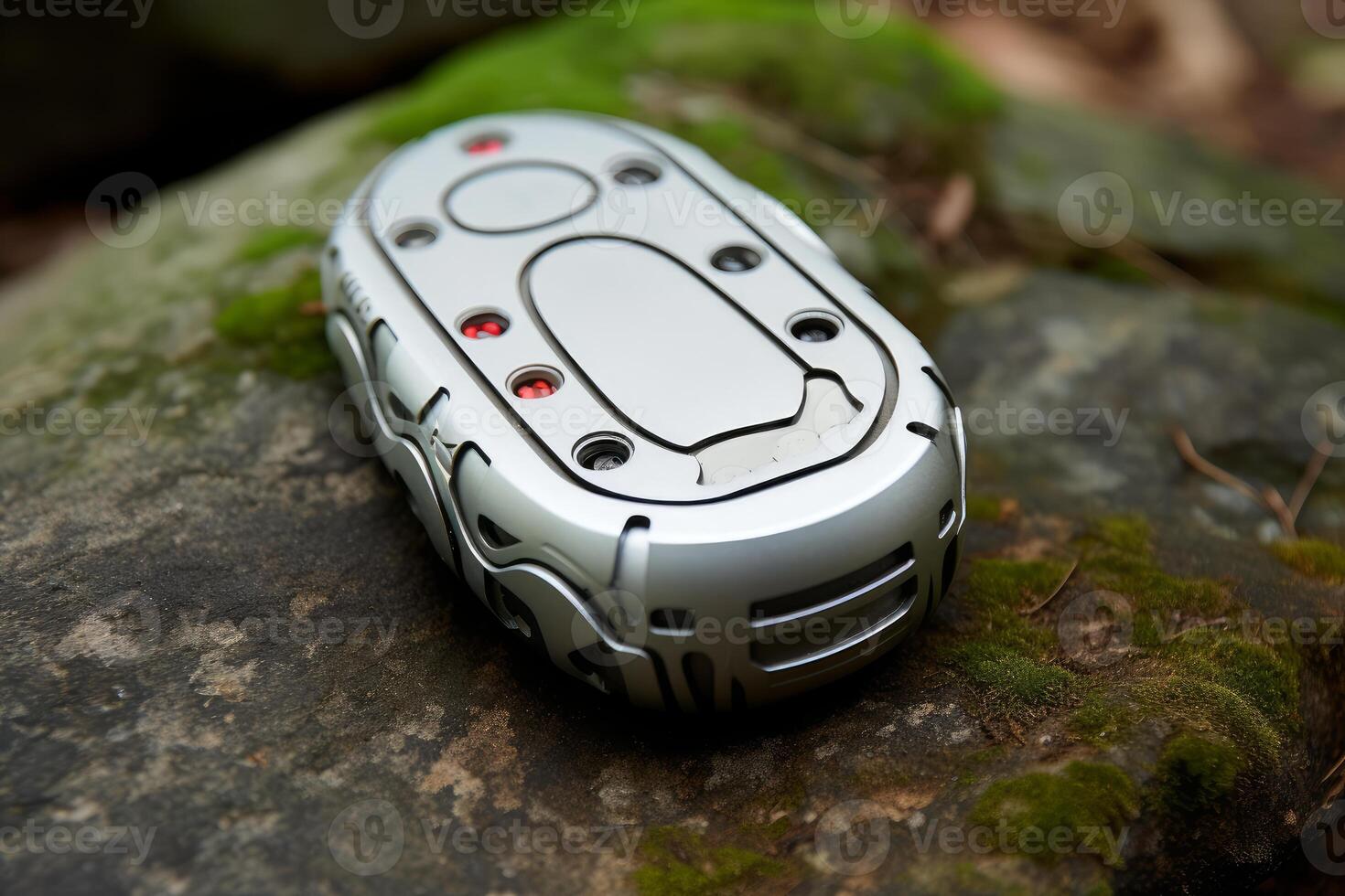 Futuristic device resting on mossy rock in nature setting photo