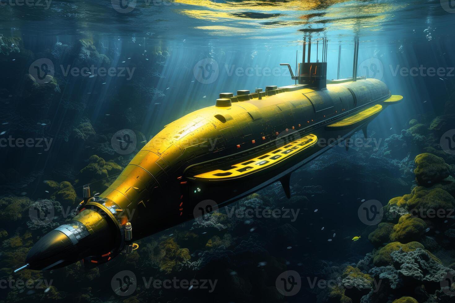 Yellow submarine exploring the depths of the ocean photo