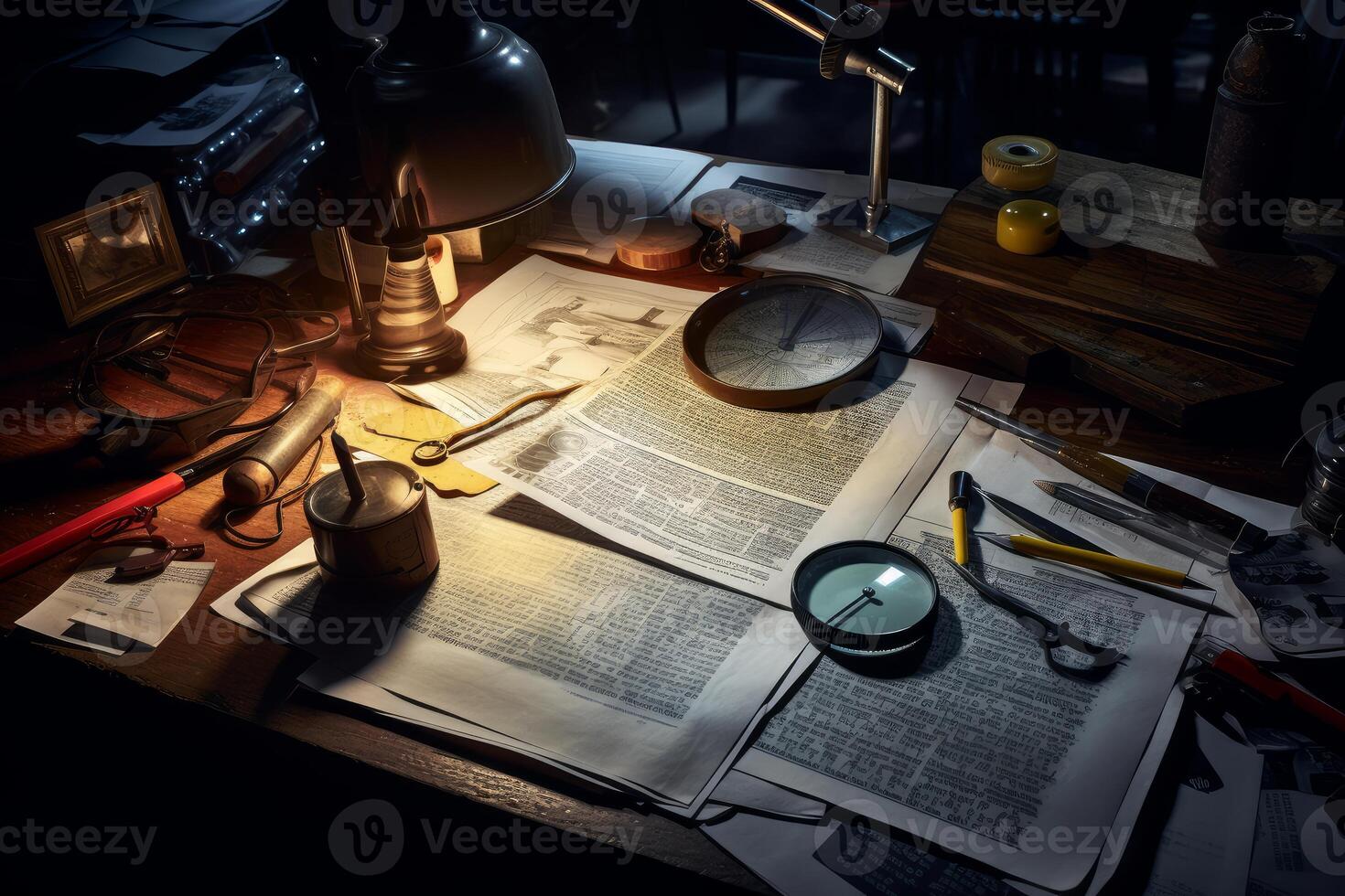 Detective desk at night illuminating investigation materials with desk lamp photo