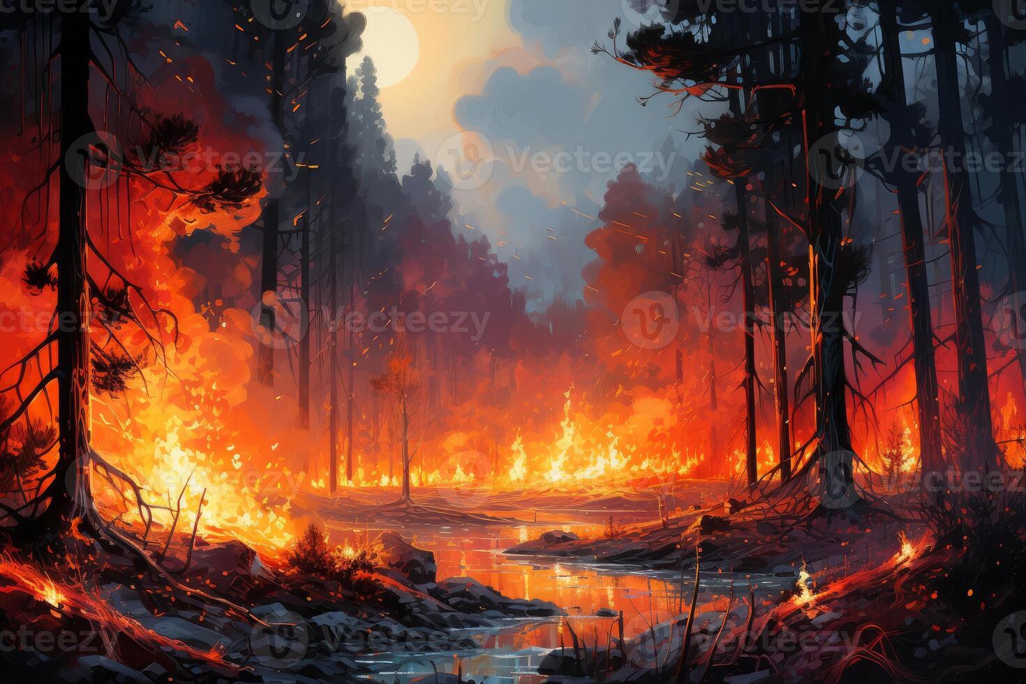 Wildfire burning through forest at sunset with river and smoke photo