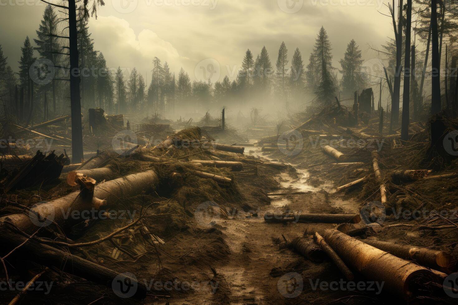 Destroyed forest showing environmental damage after wildfire or clearcutting for deforestation photo