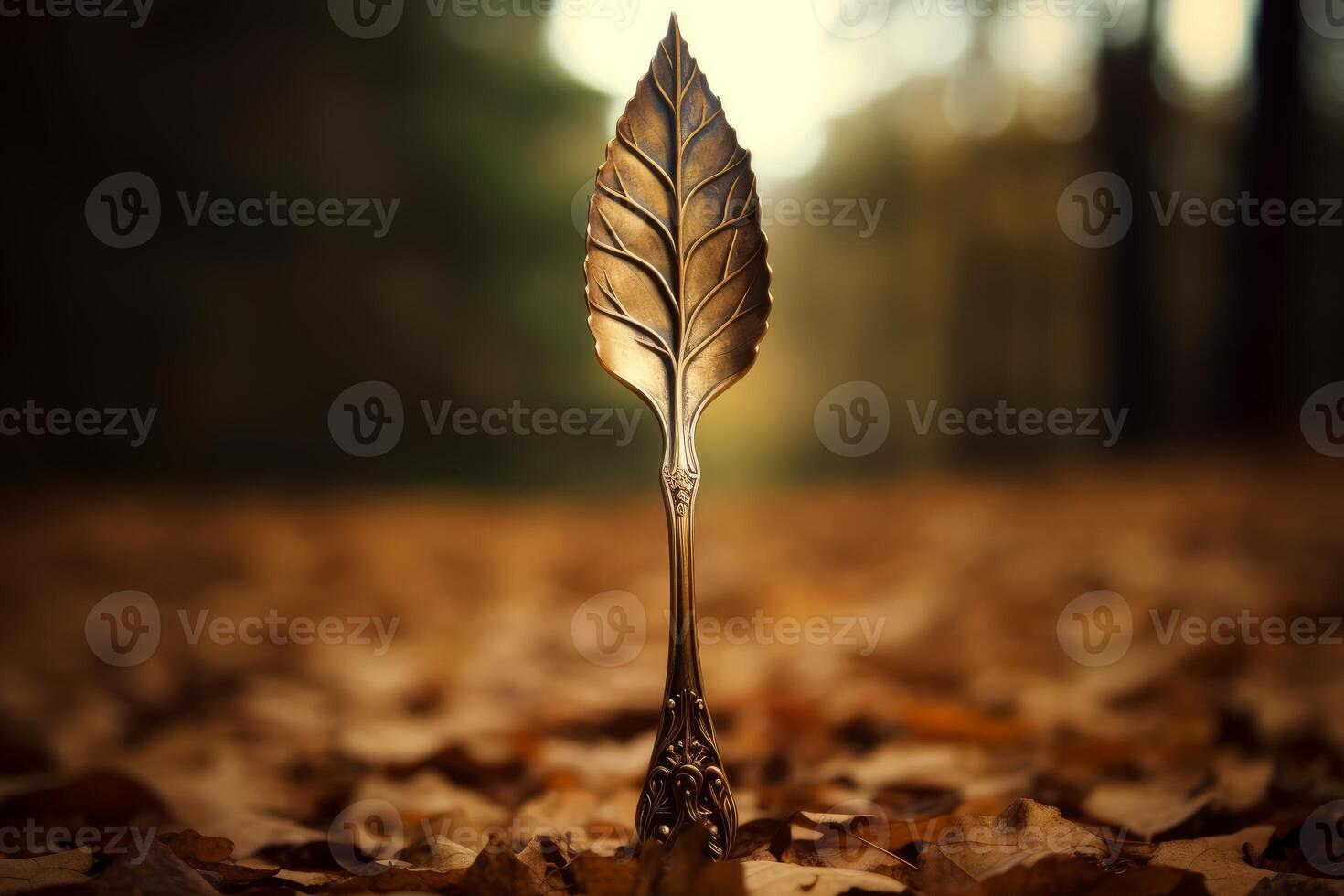Golden leaf shaped spoon standing on autumn foliage in a forest photo