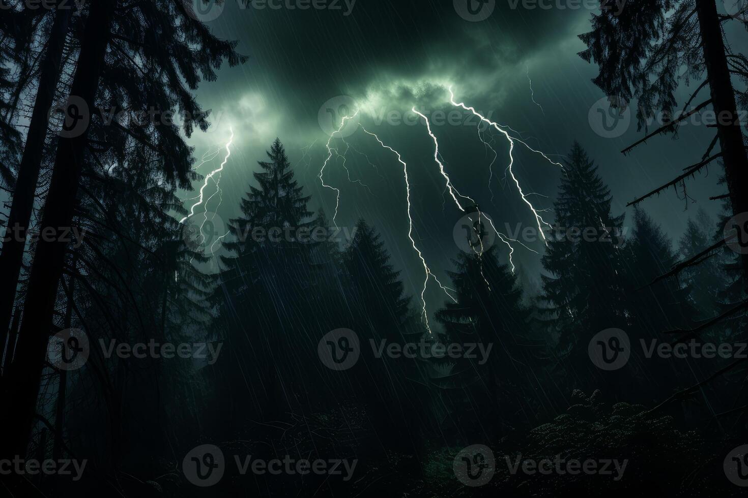 Lightning strikes illuminating dark forest during heavy rain photo
