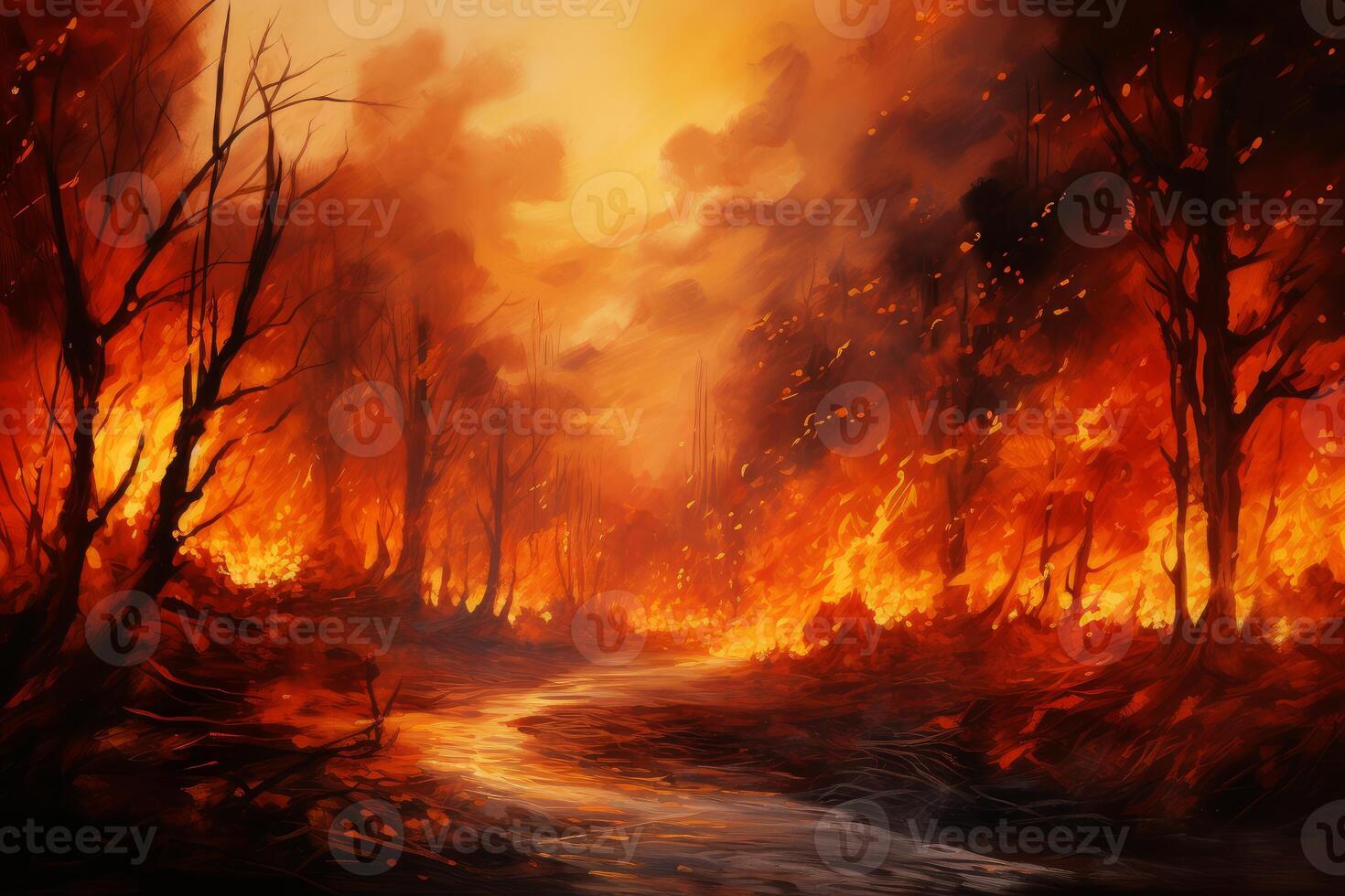 Wildfire burning forest near river during sunset creating orange sky photo