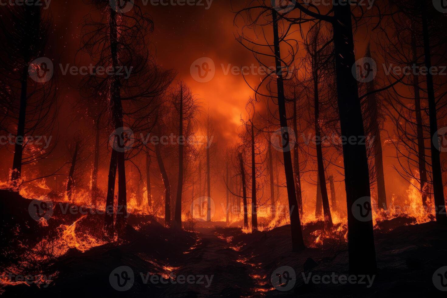 Forest fire burning wildly at night, destroying everything in its path photo