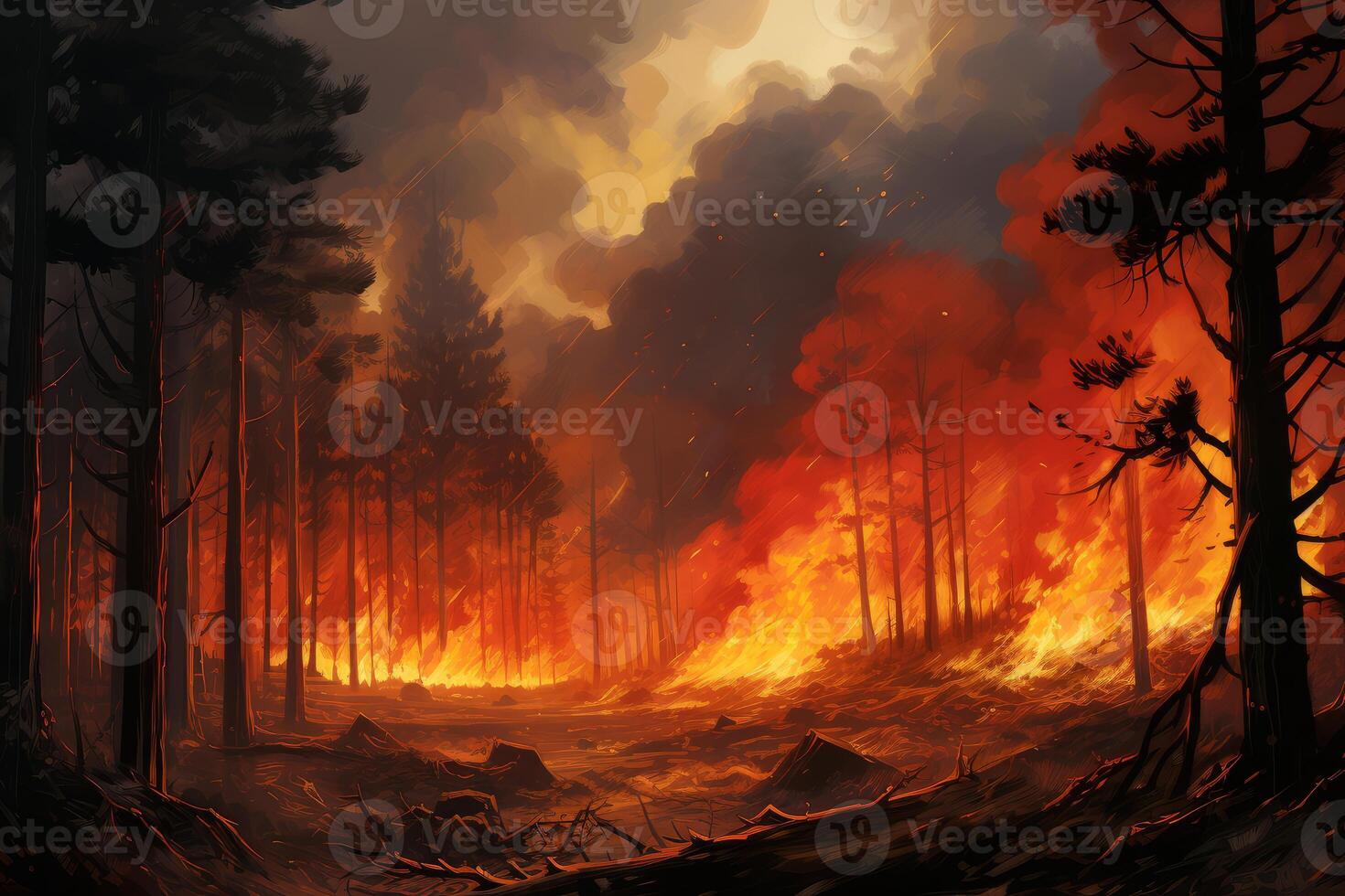 Devastating fire burning through forest at sunset creating infernal landscape photo