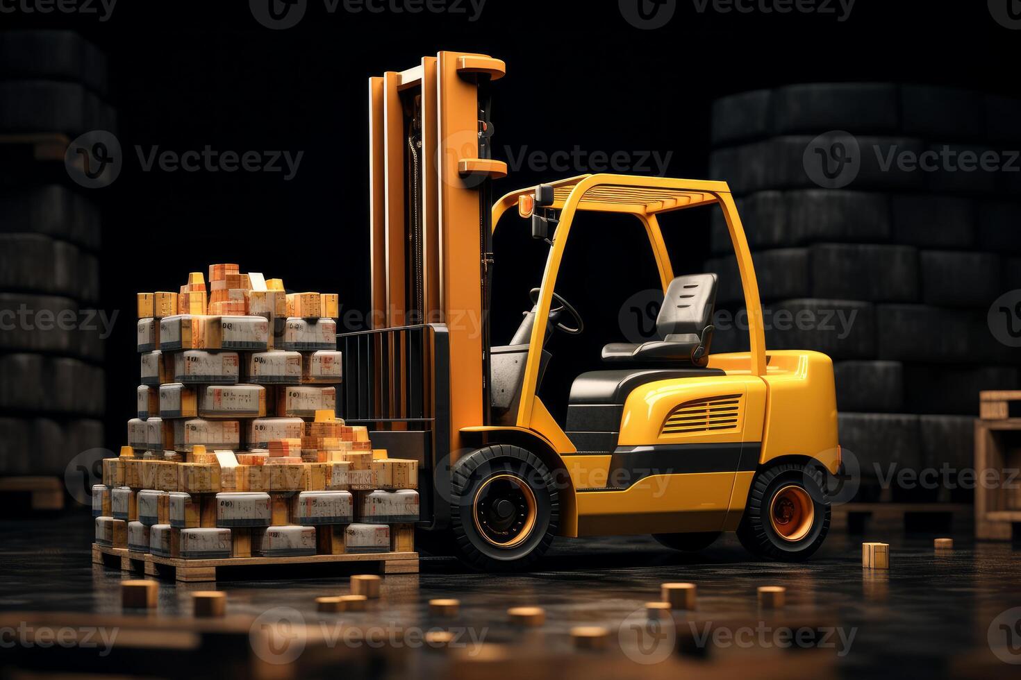 Forklift handling stacked packages in warehouse logistics operation photo