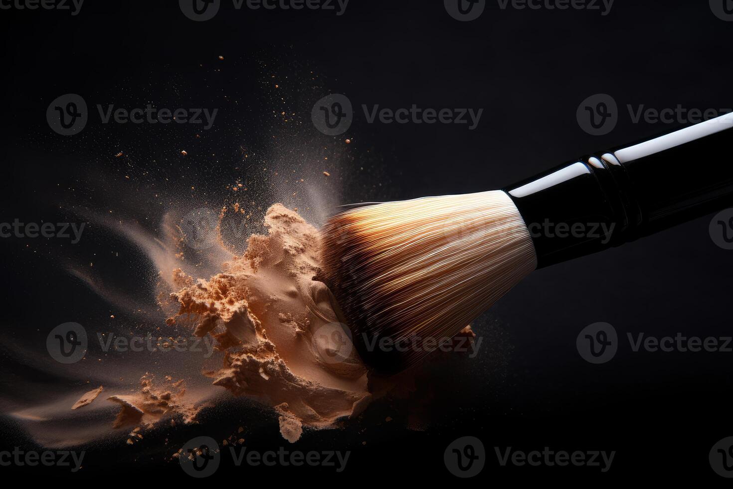 Makeup brush touching face powder creating dust cloud photo