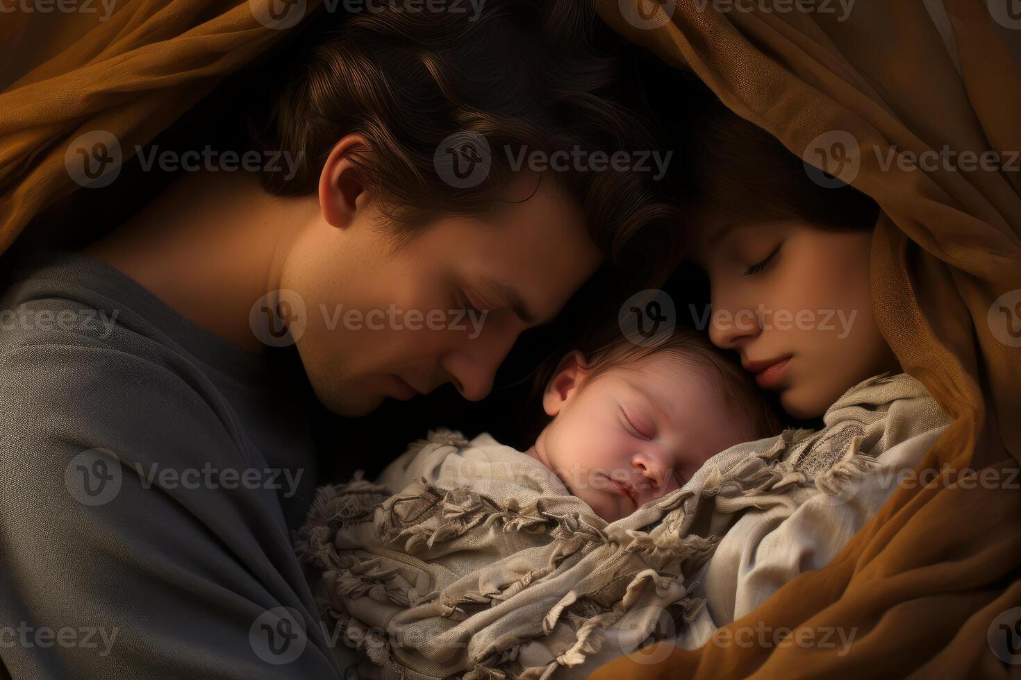 Young family sleeping together under warm blanket photo