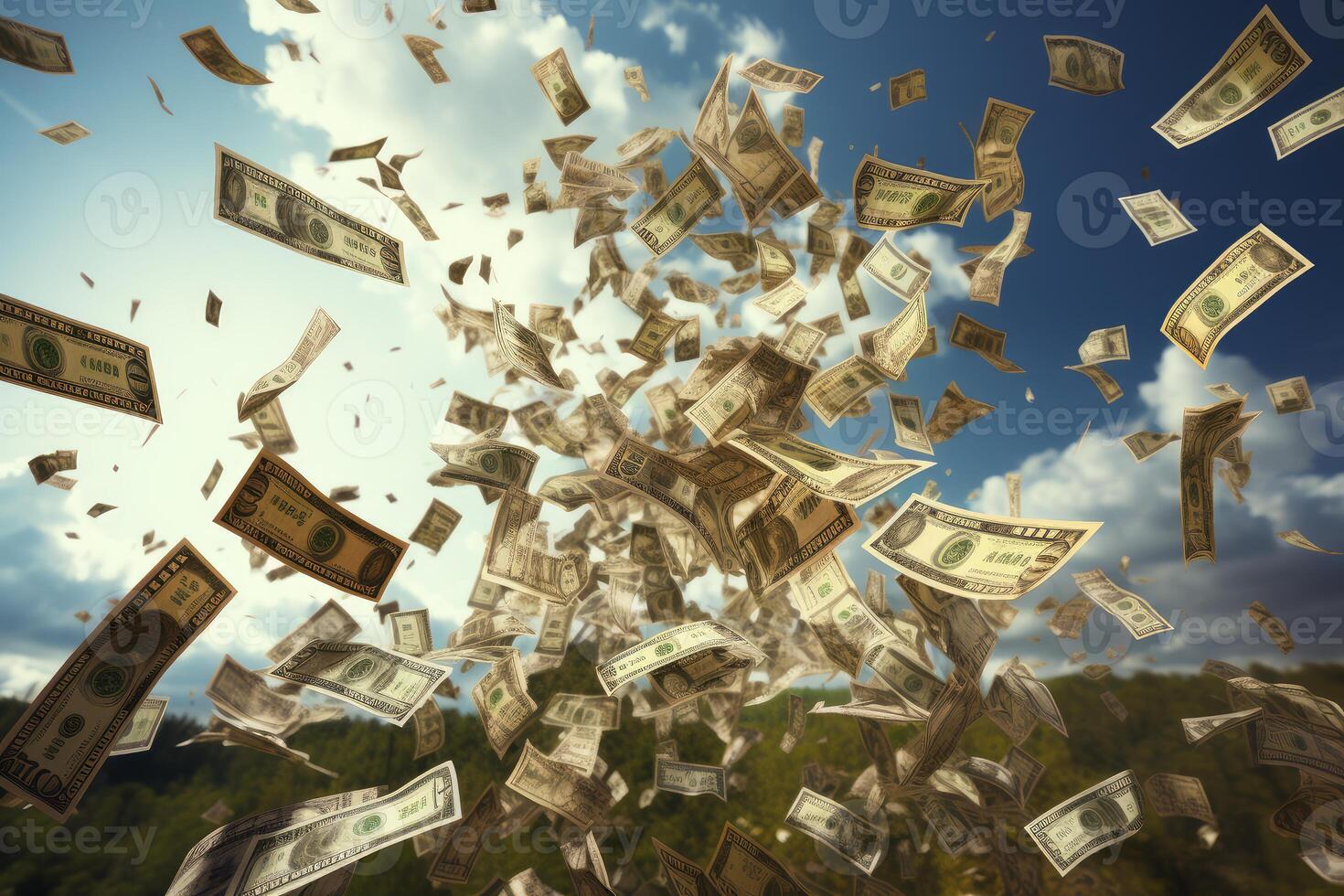 Money flying in the air over green trees and cloudy sky photo