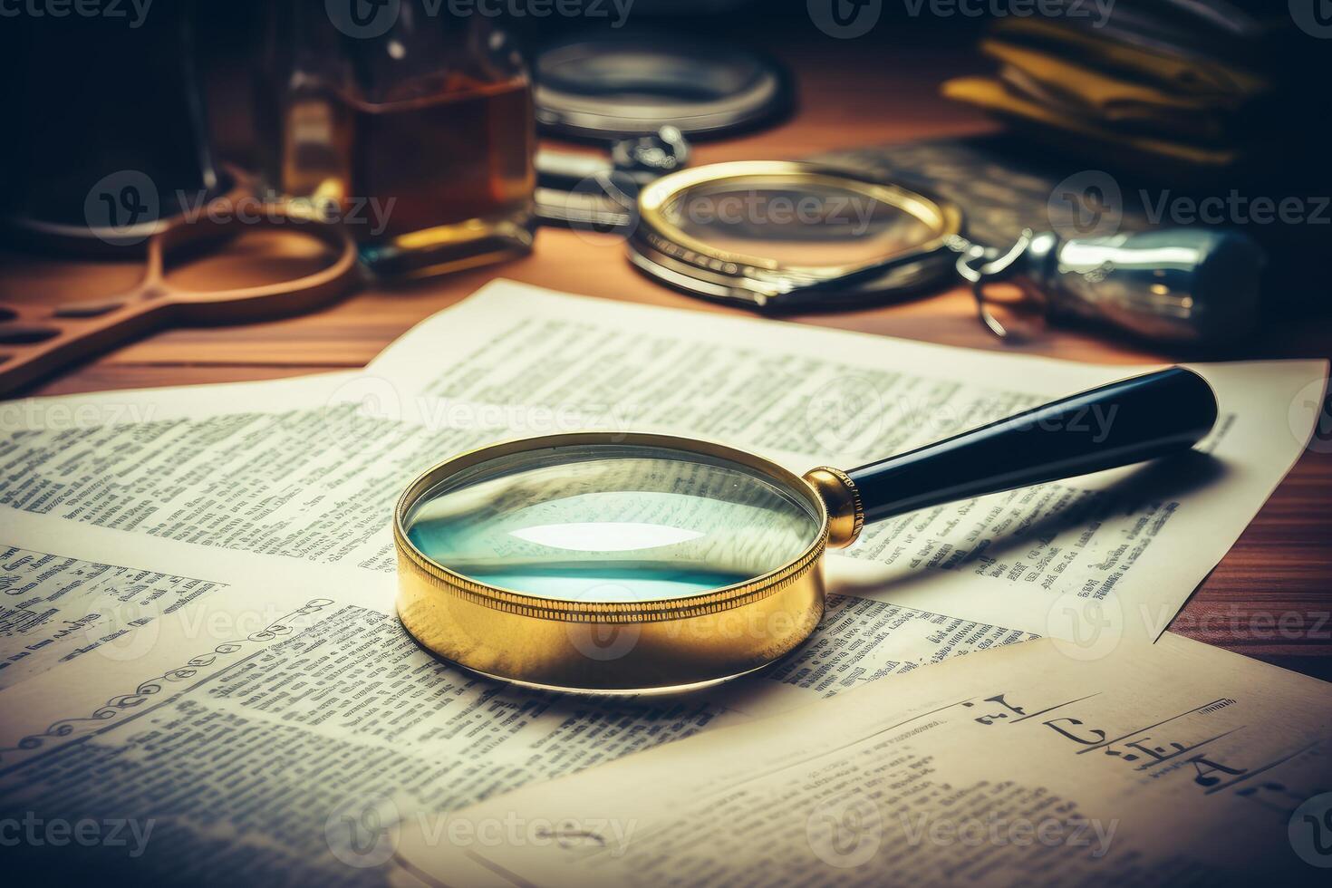 Magnifying glass exploring ancient documents on wooden desk photo