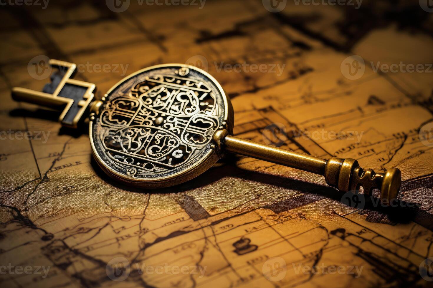 Ornate key resting on antique map symbolizing history and discovery photo
