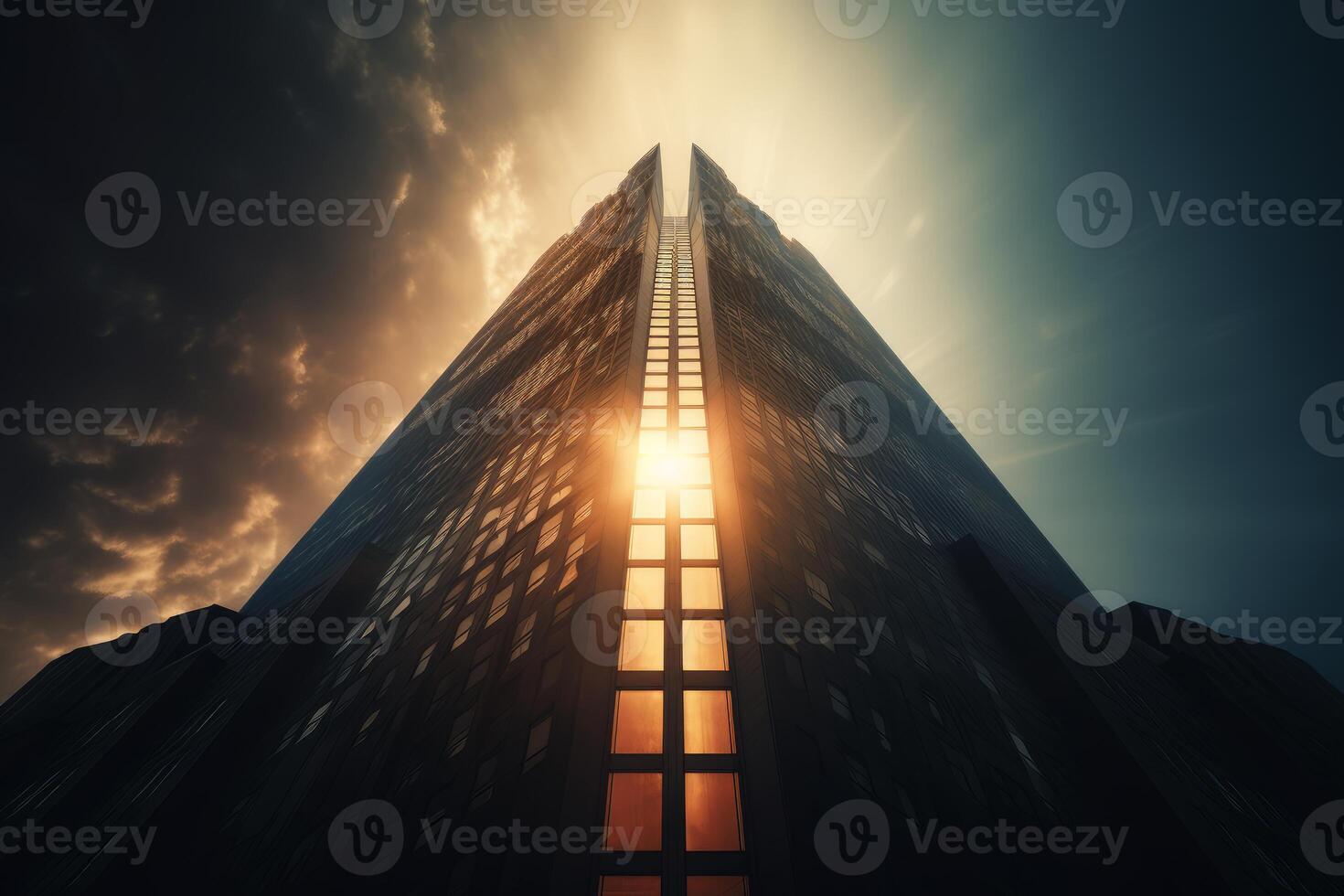 Sunlight shining through modern skyscraper windows at sunset photo