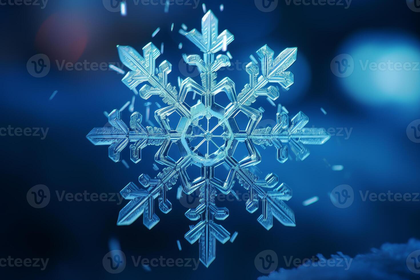 Intricate snowflake falling on a snowy surface in winter wonderland photo