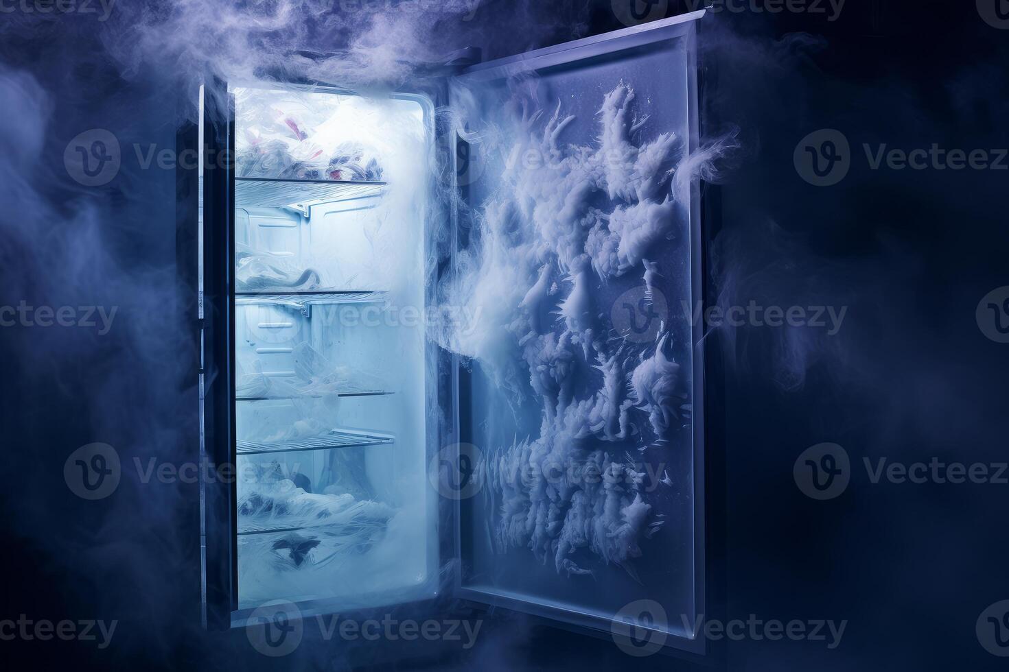 Open refrigerator releasing cold air and ice in a dark room photo