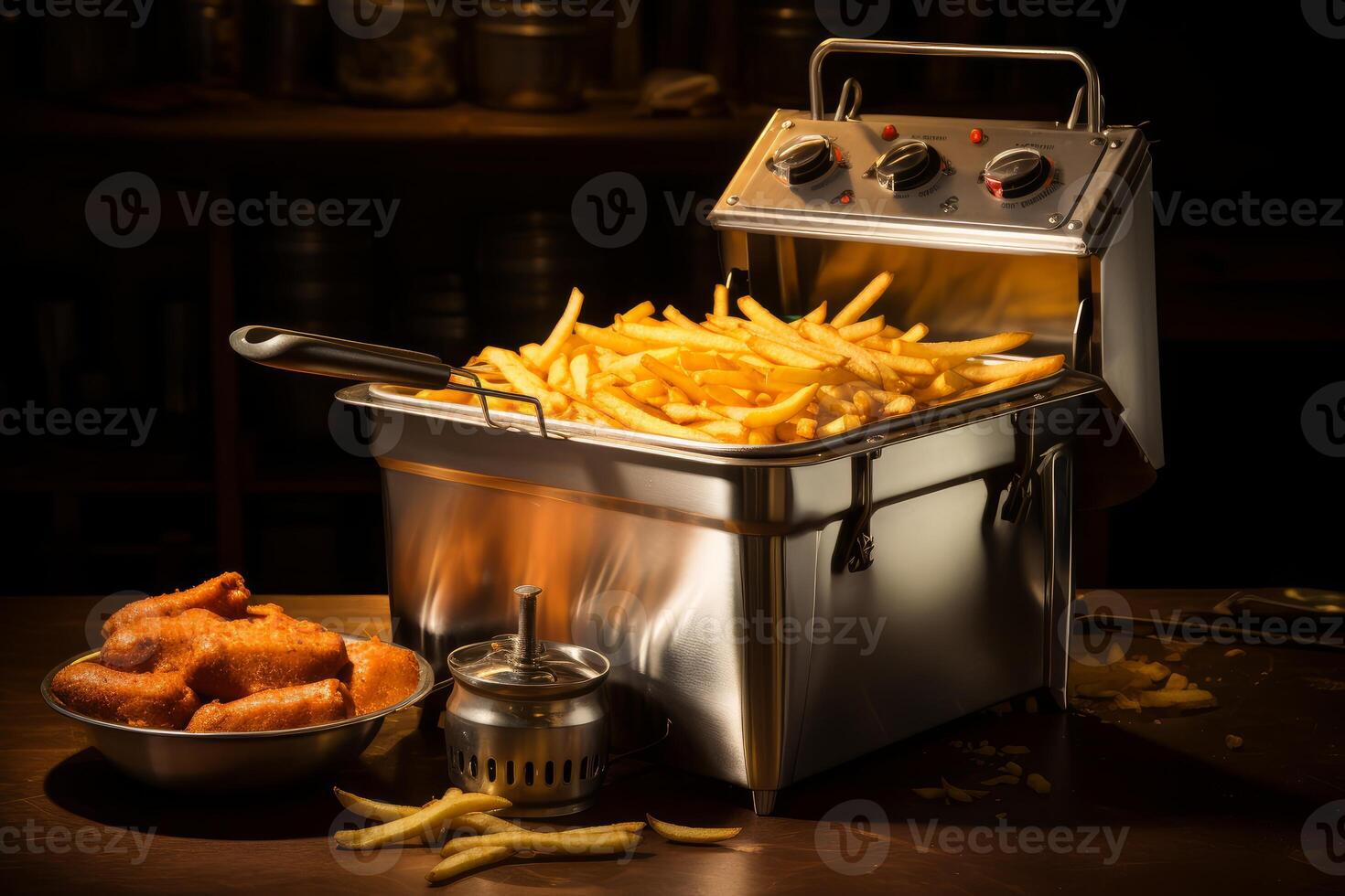 French fries emerging from professional deep fryer with fried chicken wings on the side photo