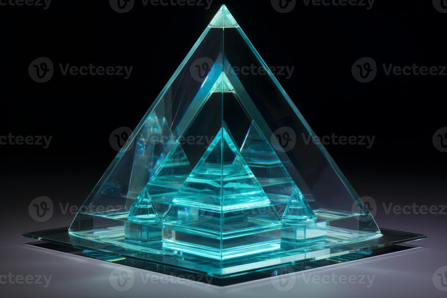 Glass pyramid shining on dark background reflecting mystery and elegance photo