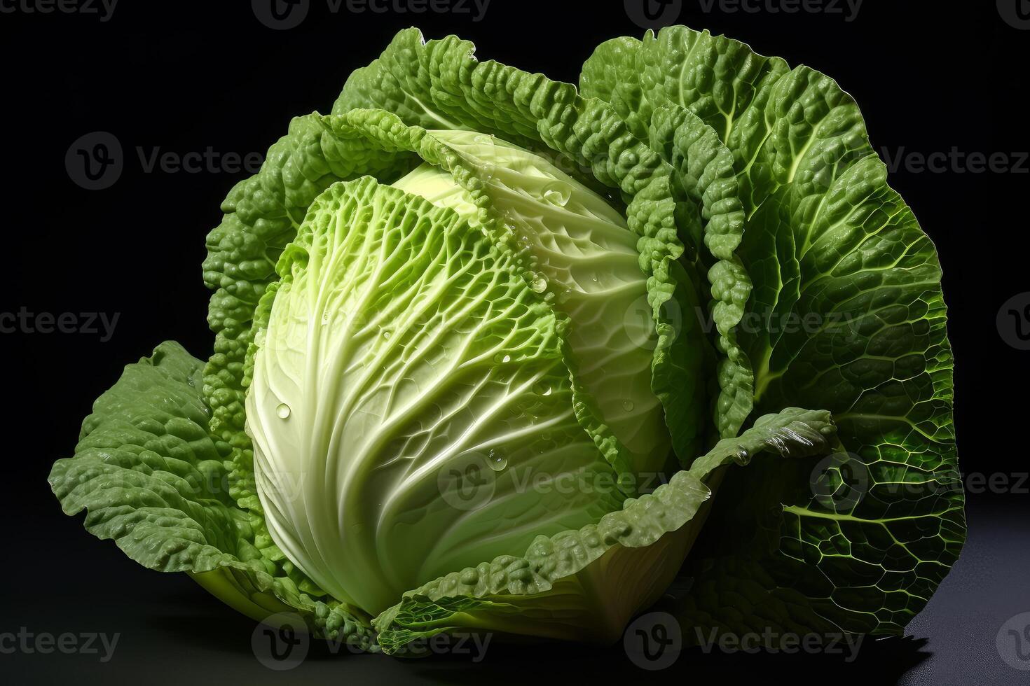 Fresh savoy cabbage with water drops on dark background photo