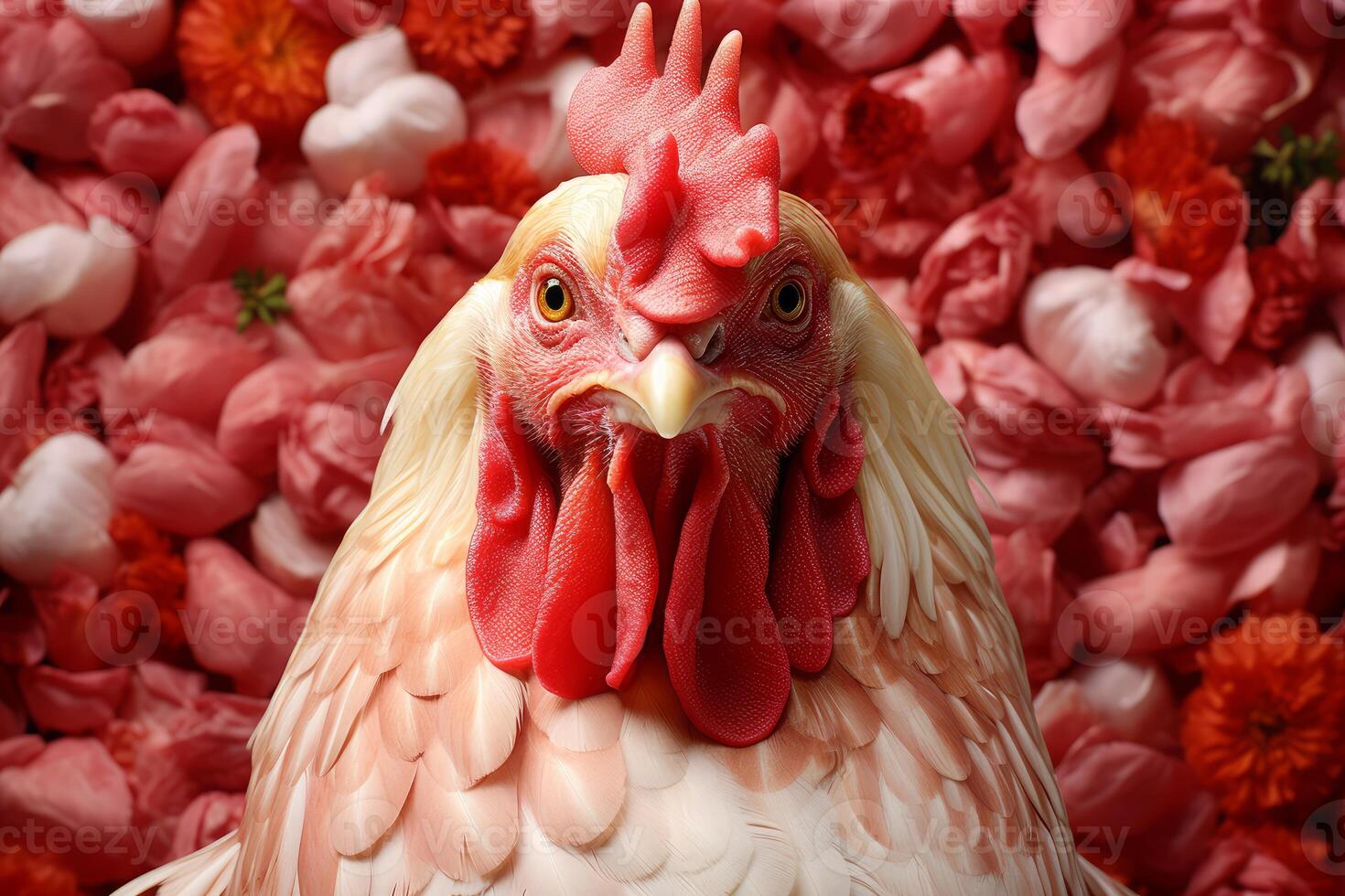Rooster emerging from a bed of pink and white flower petals photo