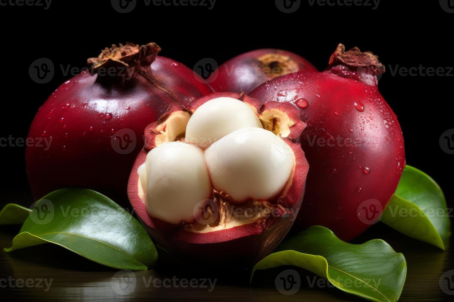 Fresh mangosteen fruit showing white pulp on dark background photo