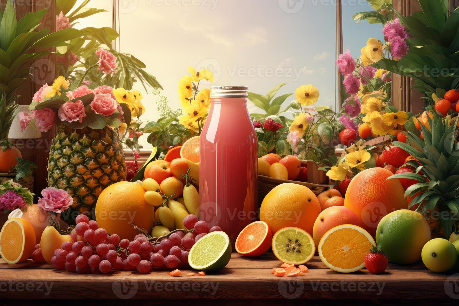 Freshly squeezed juice surrounded by colorful fruits and flowers on a sunny window sill photo