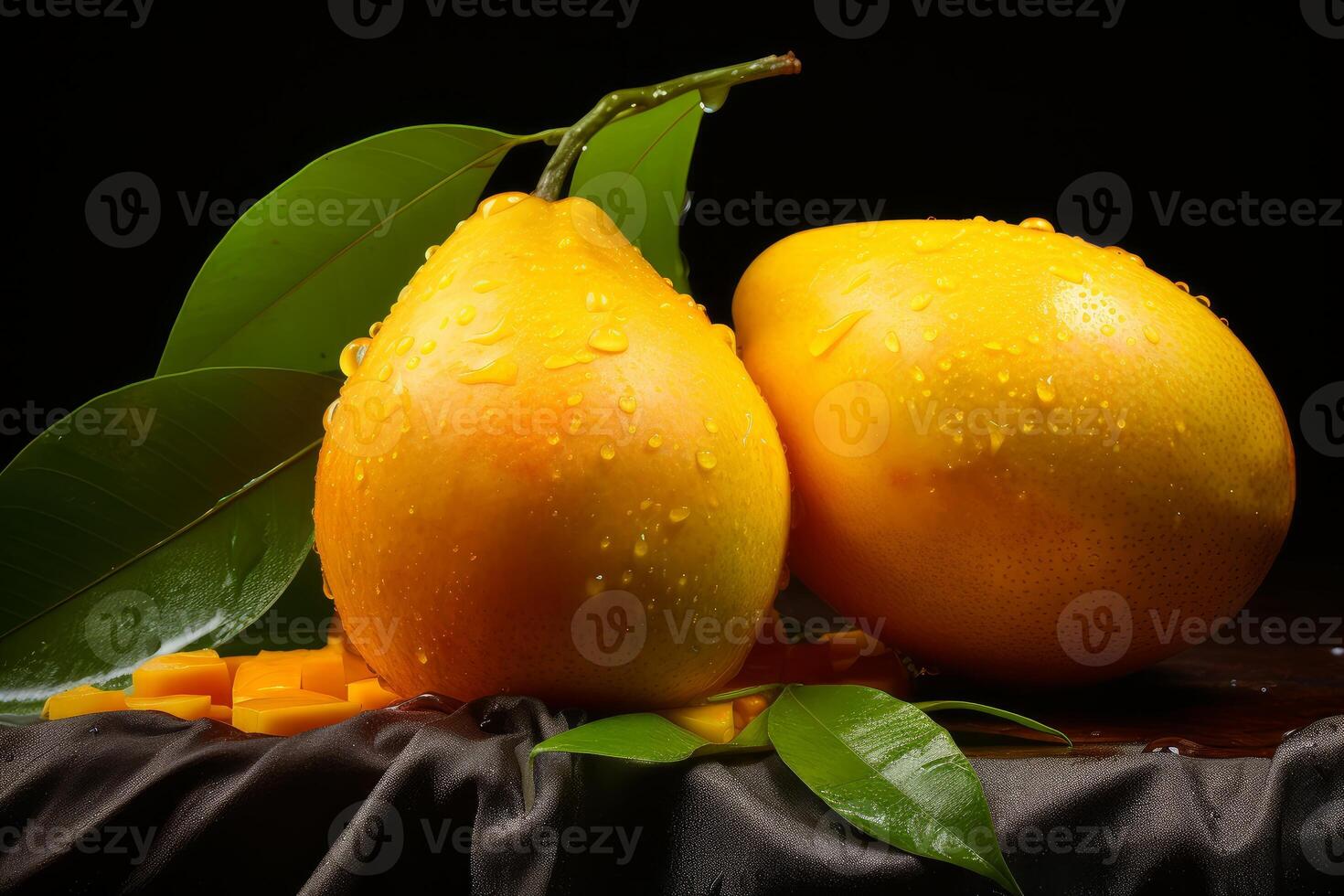 Two ripe mangoes with water droplets and green leaves on dark background photo