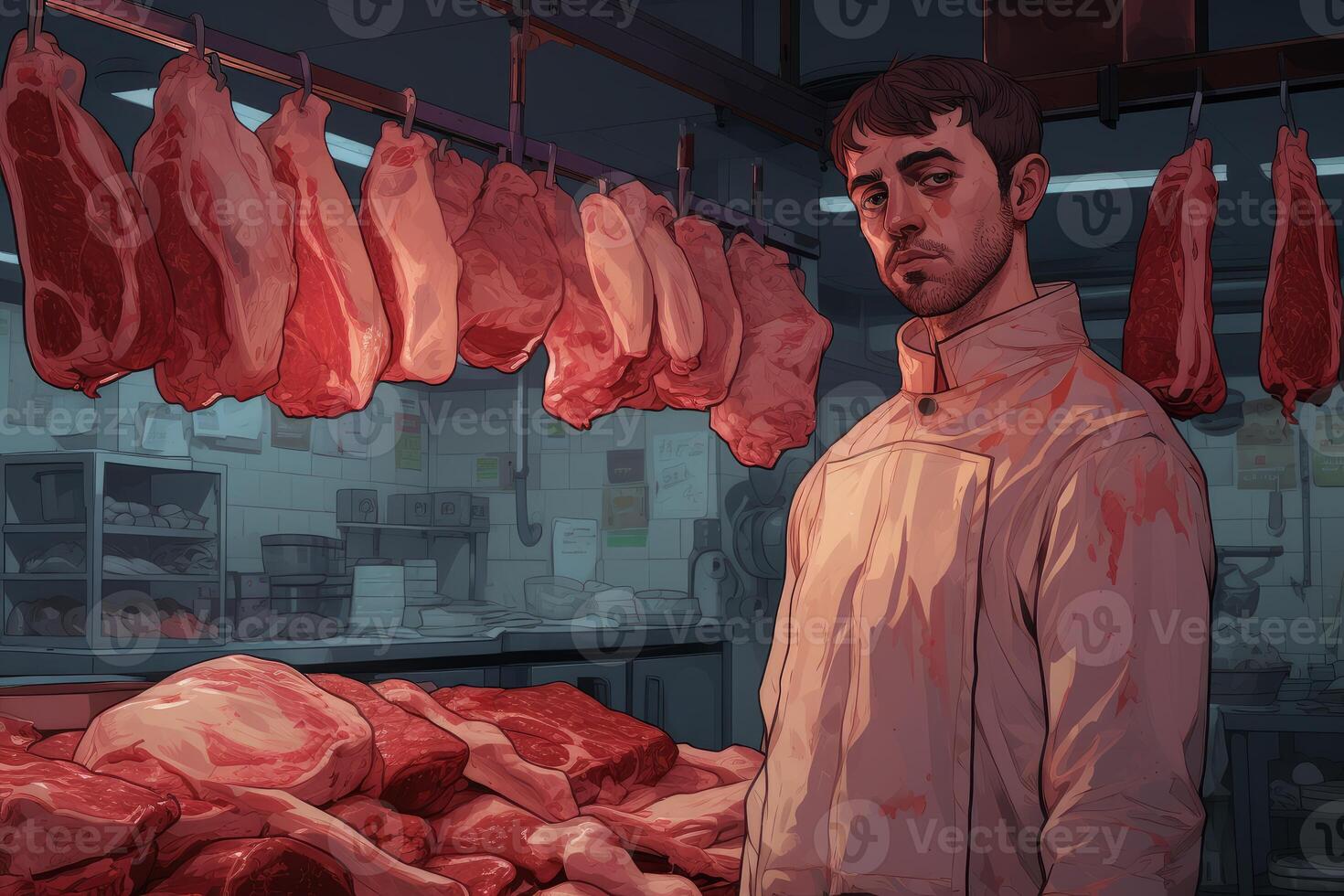 Butcher standing in his shop, displaying fresh cuts of meat photo