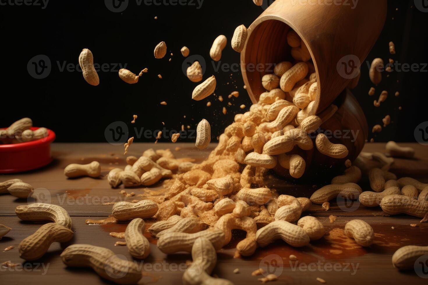 Peanuts falling from wooden bowl onto table with peanut butter photo