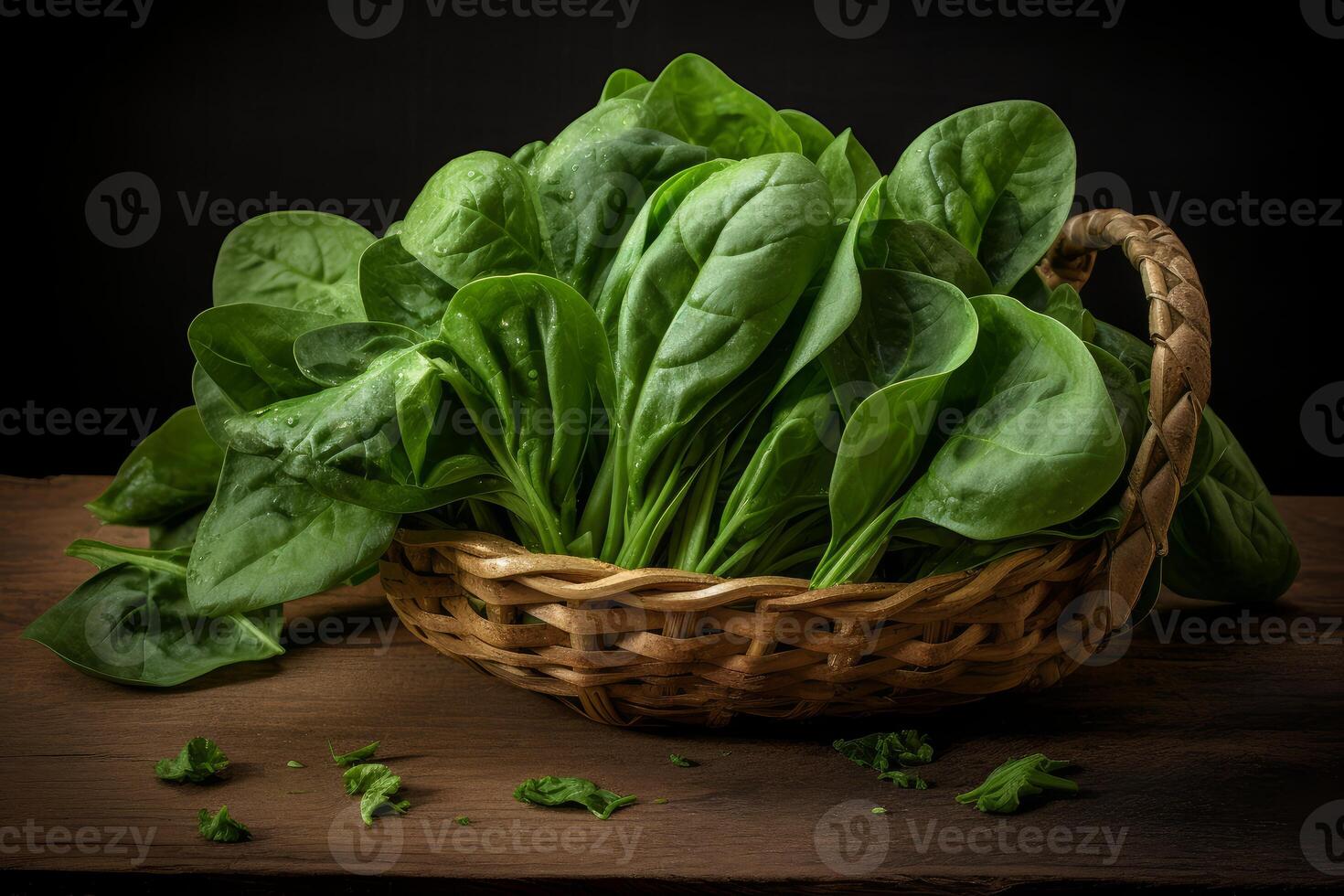 Fresh spinach leaves overflowing from a wicker basket on rustic wooden table photo