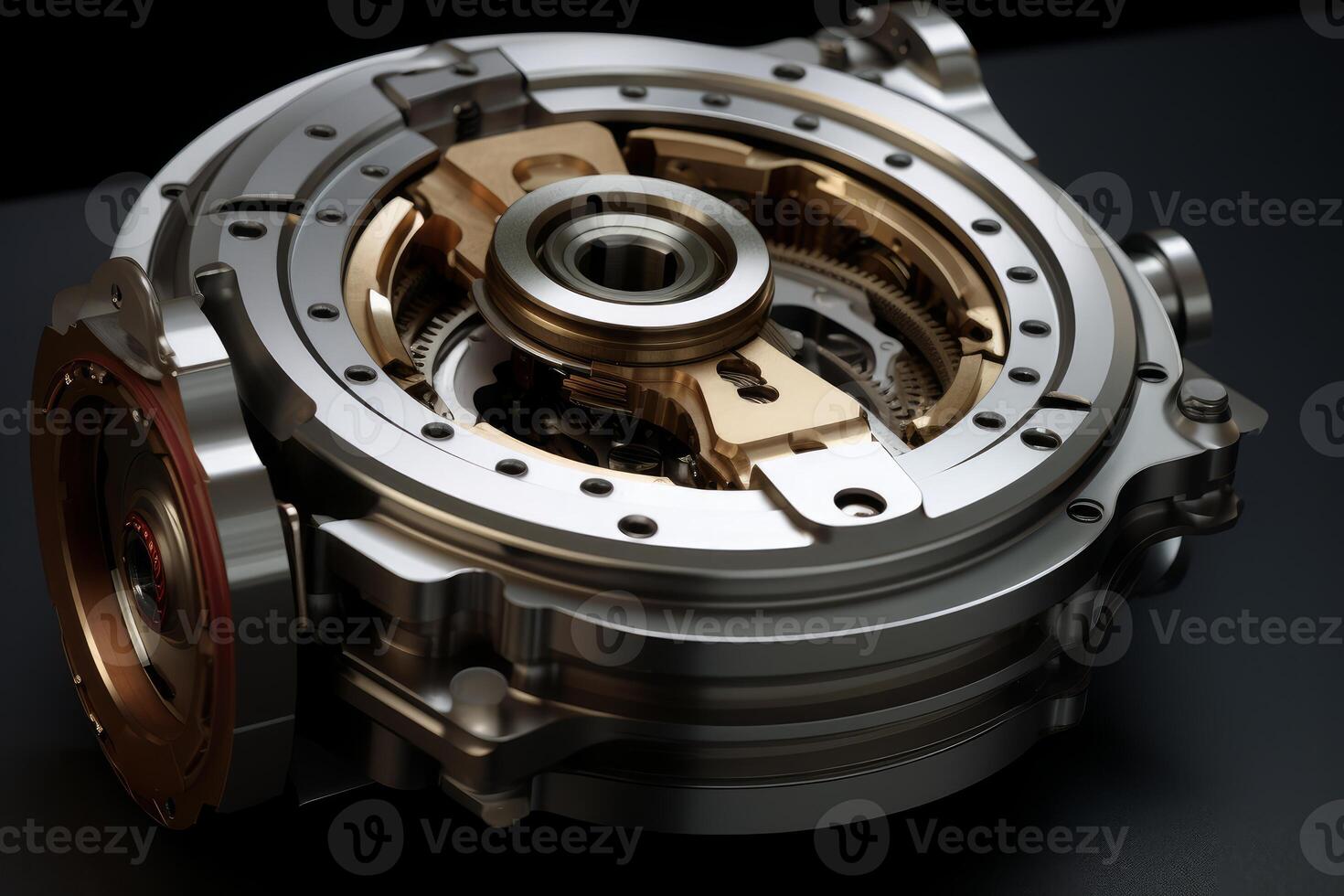 Complex clockwork mechanism rotating and showing its intricate gears photo