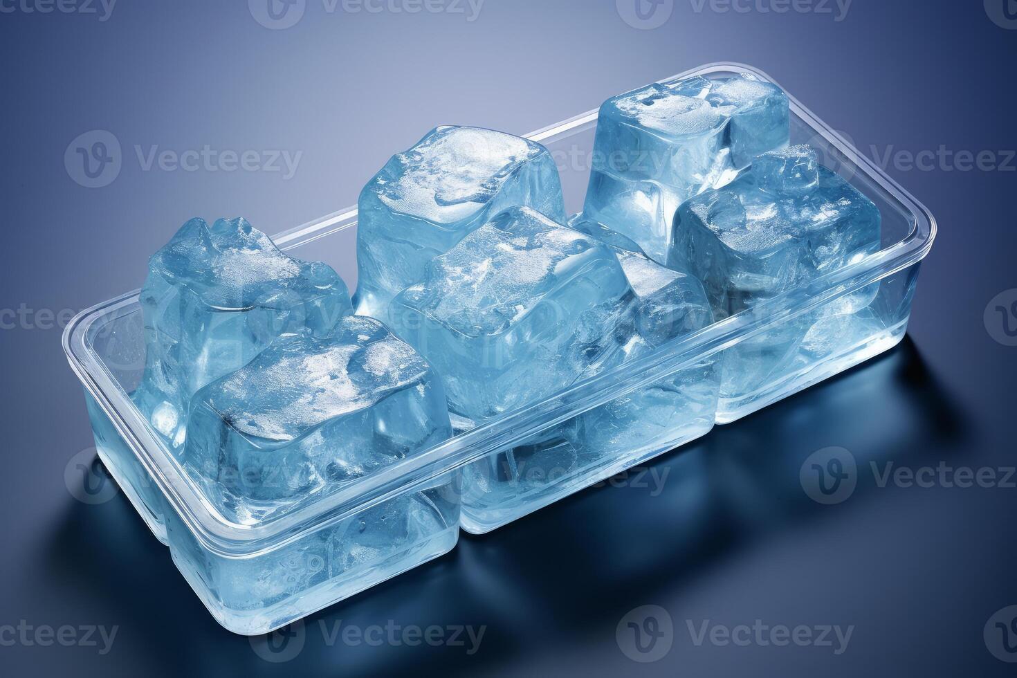 Ice cubes melting in plastic container on reflective surface photo