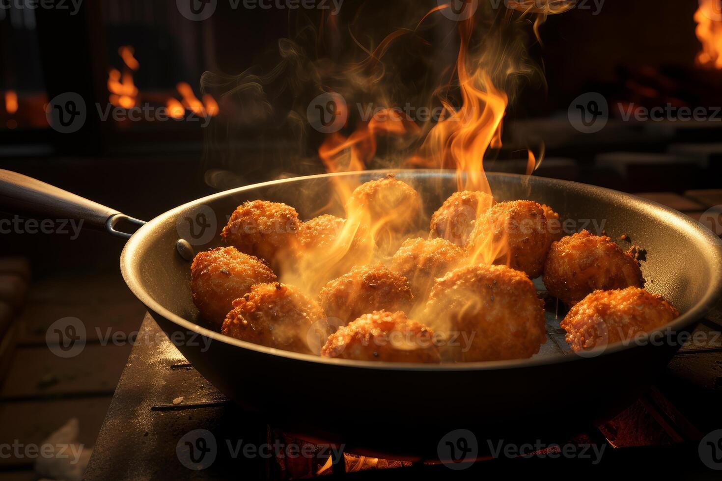 Breaded chicken balls frying in pan on burning stove with flames and smoke photo