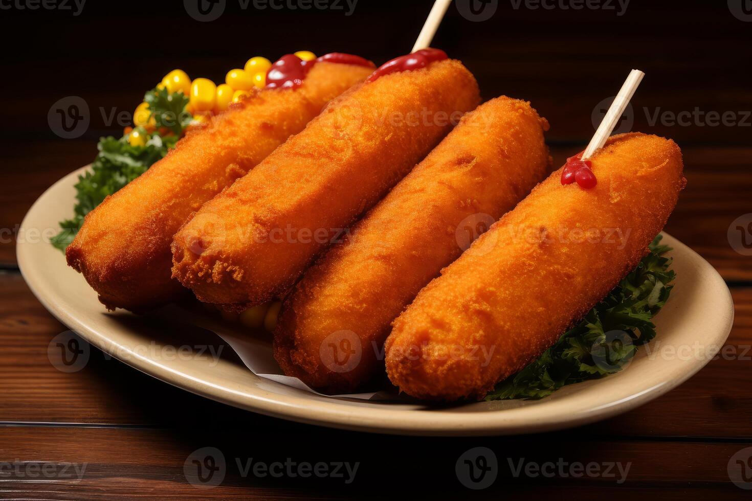Hot corn dogs with ketchup, sweet corn and parsley on wooden table photo
