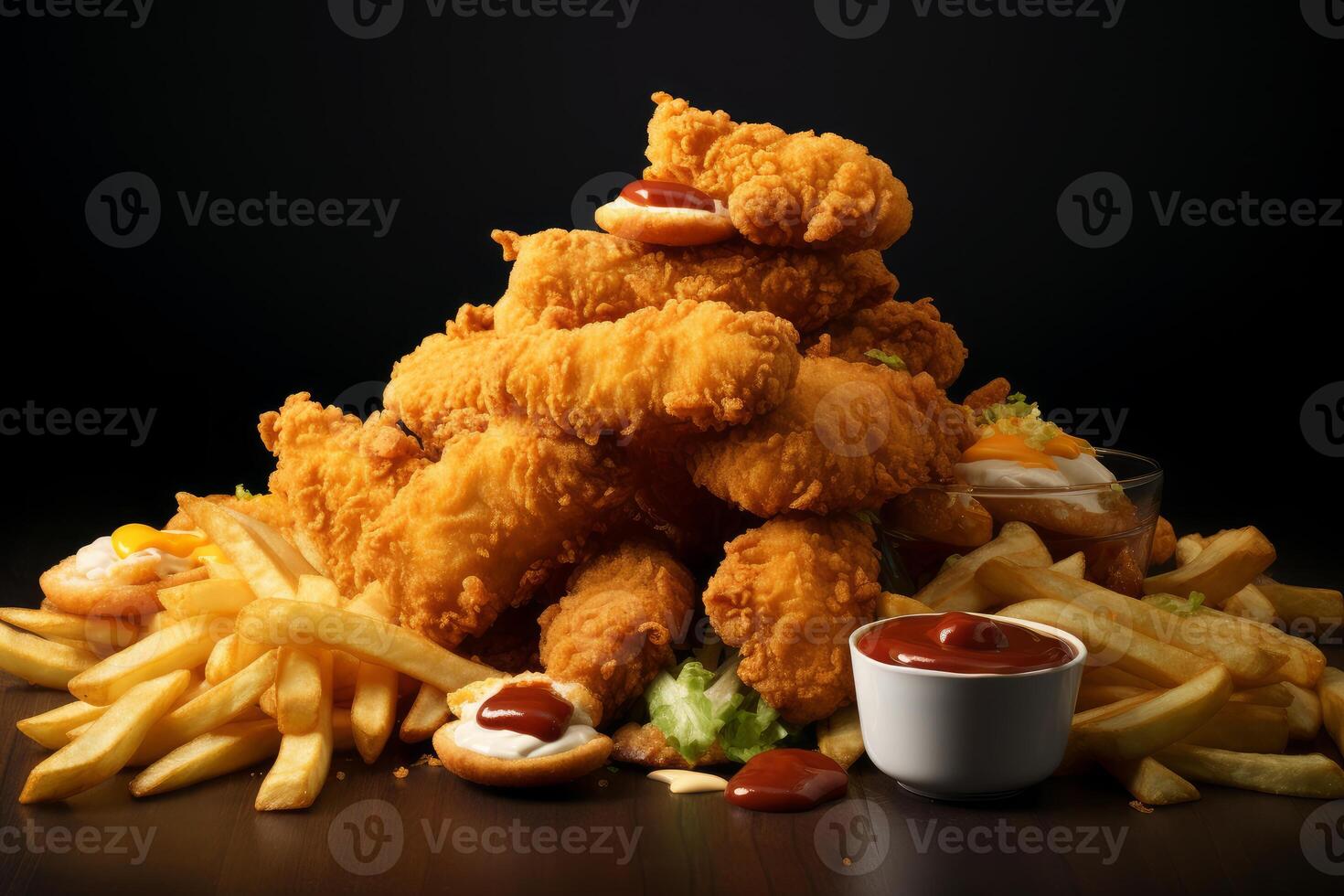 Breaded chicken strips forming a pyramid with french fries and dipping sauces photo