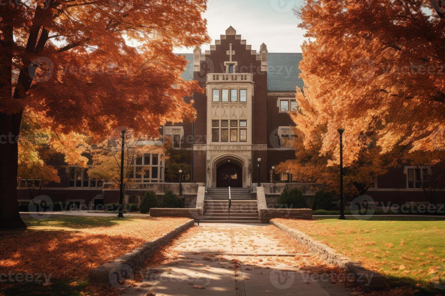 Fallen autumn leaves leading path to university building photo
