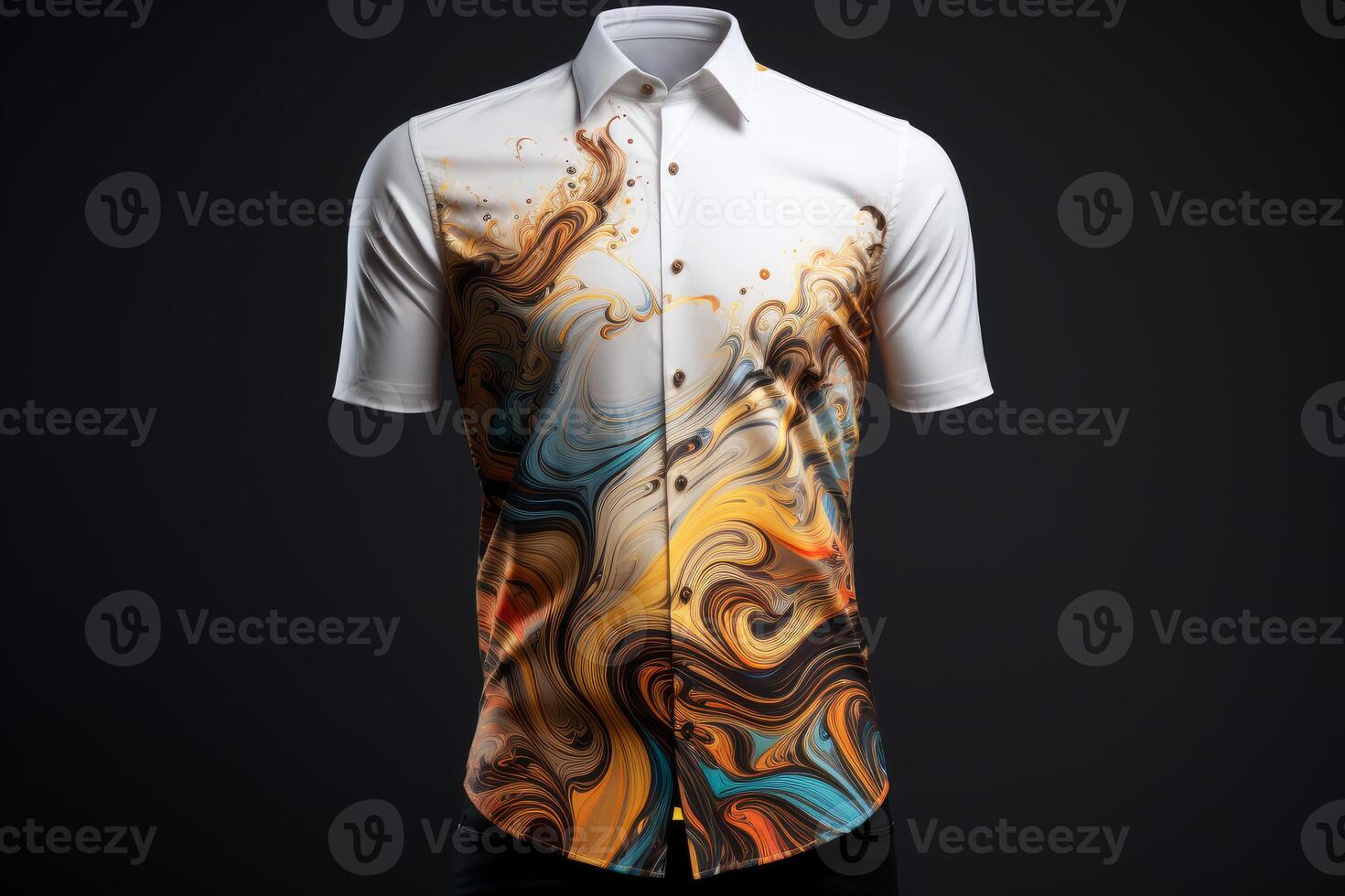 Mannequin wearing modern short sleeve shirt with colorful abstract swirl pattern photo