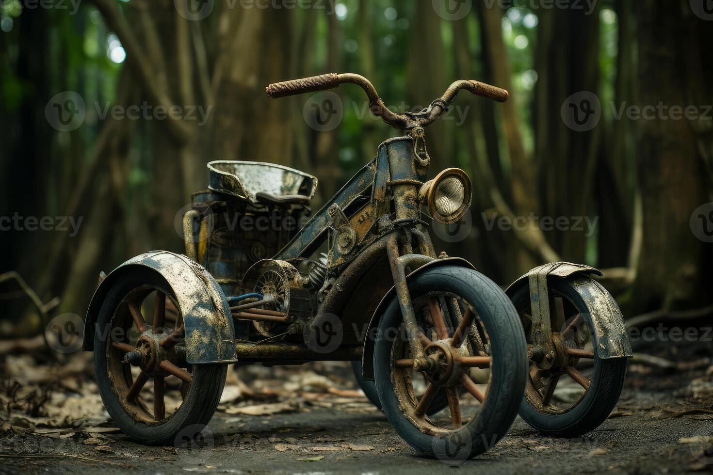 Rusty old three wheeled bicycle abandoned in lush forest photo